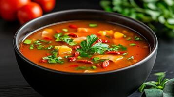 Comforting bowl of Chinese pumpkin and pork rib soup with goji berries and ginger, rich flavors enhanced by a background transitioning from warm orange to dark brown photo