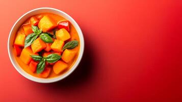 Comforting autumn dish of Thai pumpkin coconut curry, with chunks of pumpkin, bell peppers, and Thai basil, set against a gradient background transitioning from rich red to golden yellow photo