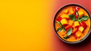 Comforting autumn dish of Thai pumpkin coconut curry, with chunks of pumpkin, bell peppers, and Thai basil, set against a gradient background transitioning from rich red to golden yellow photo