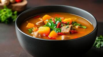 Comforting bowl of Chinese pumpkin and pork rib soup with goji berries and ginger, rich flavors enhanced by a background transitioning from warm orange to dark brown photo