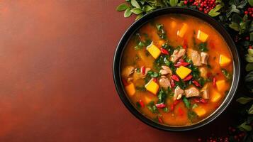 Comforting bowl of Chinese pumpkin and pork rib soup with goji berries and ginger, rich flavors enhanced by a background transitioning from warm orange to dark brown photo