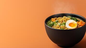 Cozy bowl of miso ramen with autumn vegetables, soft boiled egg, and rich broth, steam rising against a gradient background blending from warm orange to deep brown photo