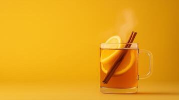 Cozy hot toddy with bourbon, honey, and lemon, topped with a cinnamon stick and cloves, warm steam rising against a gradient background transitioning from soft golden yellow to deep brown photo
