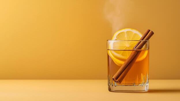 Cozy hot toddy with bourbon, honey, and lemon, topped with a cinnamon stick and cloves, warm steam rising against a gradient background transitioning from soft golden yellow to deep brown photo