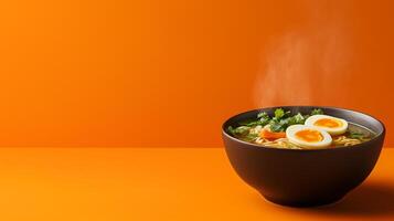 Cozy bowl of miso ramen with autumn vegetables, soft boiled egg, and rich broth, steam rising against a gradient background blending from warm orange to deep brown photo