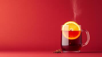 Cozy mulled wine with red wine, cloves, and orange slices, steam rising from the glass mug, warm autumn hues on a gradient background transitioning from deep burgundy to golden amber photo