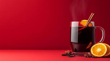 Cozy mulled wine with red wine, cloves, and orange slices, steam rising from the glass mug, warm autumn hues on a gradient background transitioning from deep burgundy to golden amber photo