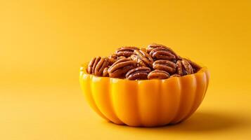 Cozy serving of maple glazed roasted acorn squash with pecans, caramelized edges highlighted against a gradient background from soft golden hues to dark cinnamon photo