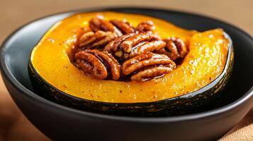 Cozy serving of maple glazed roasted acorn squash with pecans, caramelized edges highlighted against a gradient background from soft golden hues to dark cinnamon photo