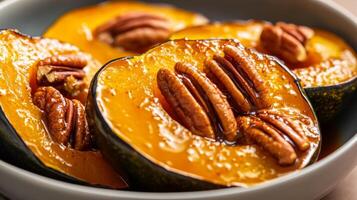 Cozy serving of maple glazed roasted acorn squash with pecans, caramelized edges highlighted against a gradient background from soft golden hues to dark cinnamon photo