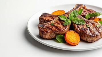 Delectable plate of grilled lamb chops with mint sauce and roasted carrots, arranged on one side with plenty of empty white background space for text photo