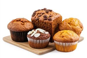 Delicious pumpkin bread and muffins on cozy home setting, isolated on a white background photo
