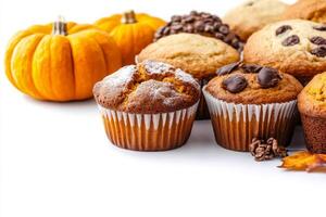 Delicious pumpkin bread and muffins on cozy home setting, isolated on a white background photo