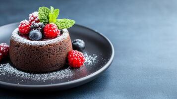 Elegant dessert of chocolate lava cake with a berry garnish and mint, positioned on a dark plate with ample empty space around for text, smooth gradient background photo