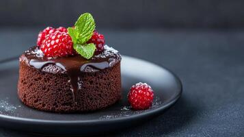 Elegant dessert of chocolate lava cake with a berry garnish and mint, positioned on a dark plate with ample empty space around for text, smooth gradient background photo