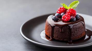 Elegant dessert of chocolate lava cake with a berry garnish and mint, positioned on a dark plate with ample empty space around for text, smooth gradient background photo