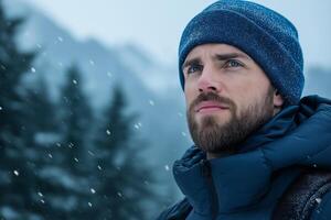 Emotion etched mountaineer resolute against harsh infinity of winter wilderness photo