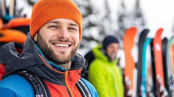 Enthusiastic staff at a ski rental shop handing out gear organized rows of skis and snowboards behind cozy atmosphere with guests laughing and getting ready for the slopes photo