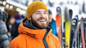 Enthusiastic staff at a ski rental shop handing out gear organized rows of skis and snowboards behind cozy atmosphere with guests laughing and getting ready for the slopes photo