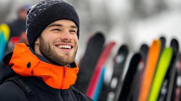 Enthusiastic staff at a ski rental shop handing out gear organized rows of skis and snowboards behind cozy atmosphere with guests laughing and getting ready for the slopes photo