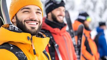 Enthusiastic staff at a ski rental shop handing out gear organized rows of skis and snowboards behind cozy atmosphere with guests laughing and getting ready for the slopes photo