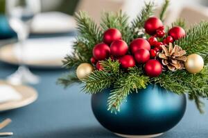 Farmhouse style Christmas and New Years Eve photographed in the color palette of deep blue, vibrant red, pale yellow, and seafoam green photo