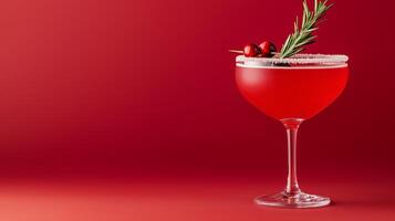 Festive autumn cocktail with spiced cranberry juice, vodka, and a rosemary sprig, served in a coupe glass with sugared rim, against a gradient background from rich red to golden brown photo