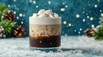 Frosty white Russian cocktail with vodka, coffee liqueur, and cream, served with ice, set against a winter background with snow covered fir trees and twinkling snowflakes photo