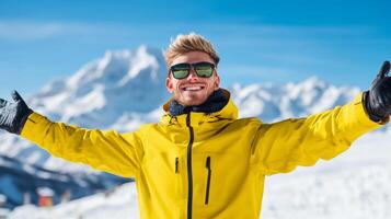 Happy snowboarder with outstretched arms embracing the winter resort scene snow capped peaks in the background colorful jacket contrasting with the white snow pure exhilaration photo