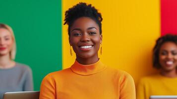 Happy team member collaborating in a vibrant workspace comfortable seating uplifting colors positive atmosphere highlighting a culture of well being and mental health support photo