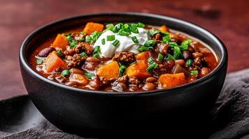 Hearty bowl of sweet potato chili with beans and ground beef, topped with sour cream and green onions, cozy autumn vibe against a background from deep red to rustic brown photo