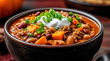 Hearty bowl of sweet potato chili with beans and ground beef, topped with sour cream and green onions, cozy autumn vibe against a background from deep red to rustic brown photo