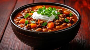 Hearty bowl of sweet potato chili with beans and ground beef, topped with sour cream and green onions, cozy autumn vibe against a background from deep red to rustic brown photo