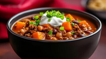 Hearty bowl of sweet potato chili with beans and ground beef, topped with sour cream and green onions, cozy autumn vibe against a background from deep red to rustic brown photo