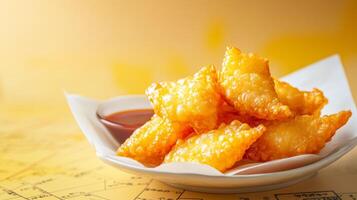 Japanese kabocha tempura with crispy batter, served with a side of dipping sauce, golden hues set against a gradient background from soft yellow to deep earthy brown photo