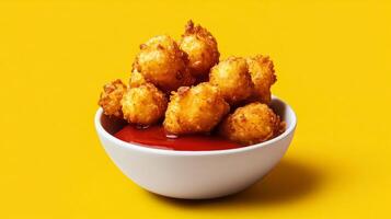 Japanese kabocha tempura with crispy batter, served with a side of dipping sauce, golden hues set against a gradient background from soft yellow to deep earthy brown photo