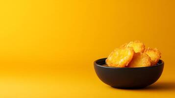 Japanese kabocha tempura with crispy batter, served with a side of dipping sauce, golden hues set against a gradient background from soft yellow to deep earthy brown photo