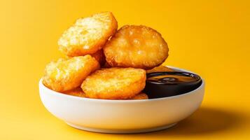 Japanese kabocha tempura with crispy batter, served with a side of dipping sauce, golden hues set against a gradient background from soft yellow to deep earthy brown photo