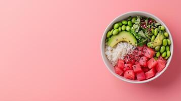 Light and colorful poke bowl with tuna, avocado, edamame, and rice, positioned in the lower half with empty space above for text, soft pastel gradient background photo
