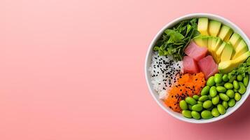 Light and colorful poke bowl with tuna, avocado, edamame, and rice, positioned in the lower half with empty space above for text, soft pastel gradient background photo