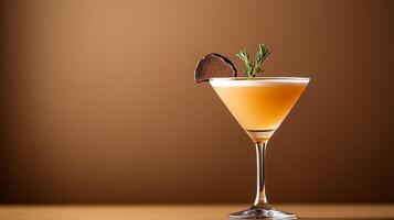 Luxurious truffle infused vodka martini with earthy tones, garnished with a truffle slice and thyme sprig, set against a gradient background fading from deep brown to soft gold photo