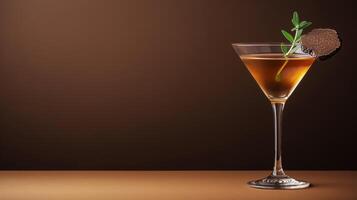 Luxurious truffle infused vodka martini with earthy tones, garnished with a truffle slice and thyme sprig, set against a gradient background fading from deep brown to soft gold photo