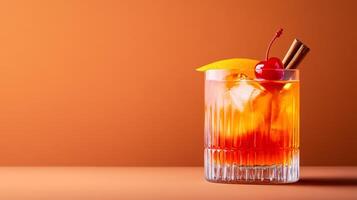 Maple old fashioned with bourbon, maple syrup, and orange peel, garnished with a cherry and cinnamon stick, set against a gradient background fading from deep amber to warm brown photo