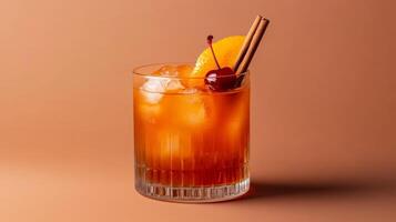 Maple old fashioned with bourbon, maple syrup, and orange peel, garnished with a cherry and cinnamon stick, set against a gradient background fading from deep amber to warm brown photo