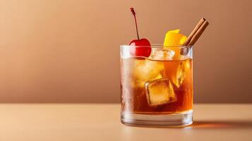 Maple old fashioned with bourbon, maple syrup, and orange peel, garnished with a cherry and cinnamon stick, set against a gradient background fading from deep amber to warm brown photo