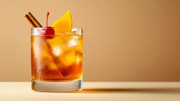 Maple old fashioned with bourbon, maple syrup, and orange peel, garnished with a cherry and cinnamon stick, set against a gradient background fading from deep amber to warm brown photo