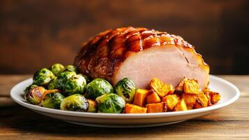 Plate of glazed ham with roasted Brussels sprouts and sweet potato casserole, rich autumn colors set against a gradient background blending from deep amber to warm brown photo