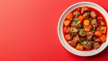 Plate of hearty goulash with tender beef, root vegetables, and paprika, cozy autumn vibe against a background with a gradient from deep red to rustic brown photo