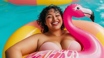Plus size person laughing while drifting on a giant flamingo float in a pool, surrounded by colorful inflatable toys, with a backdrop of lively poolside fun and vibrant summer hues photo