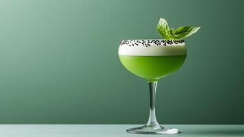 Rare cocktail with black sesame and matcha, creamy texture with layers of green and grey, served in a minimalist glass against a gradient background from soft green to charcoal grey photo